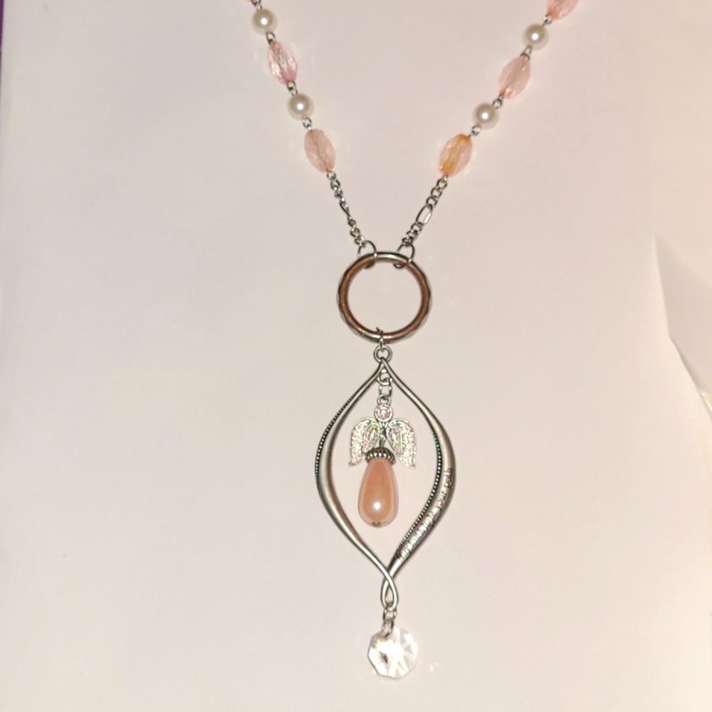 Guardian Angel Pink Pearl Beaded Religious Necklace “May Faith Light Your Path”